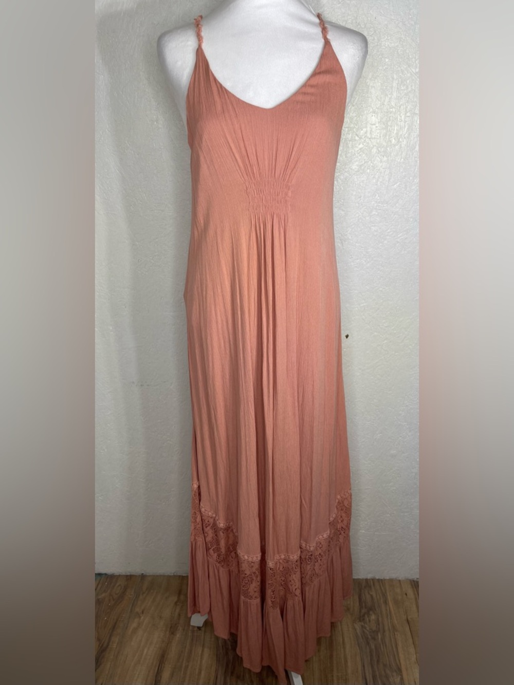 Altar’d State Boho Peach Maxi SunDress Strappy Lace Hem Coastal Resort Flowy Md - Picture 5 of 14